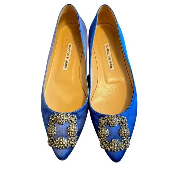 MANOLO BLAHNIK | Hangisi Crystal-Buckle Satin Flat 38.5 8.5 BLUE - Picture 13 of 16